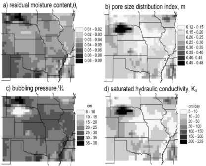 Fig. 4. Root-zone estimates of (a) residual moisture content, (b) pore size distribution index, (c) bubbling pressure, and (d) saturated hydraulic conductivity.