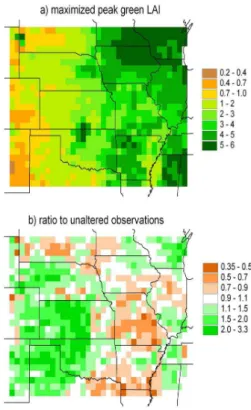 Figure 10. (a) Average peak in model-determined green LAI (1951-1980), and (b) its 