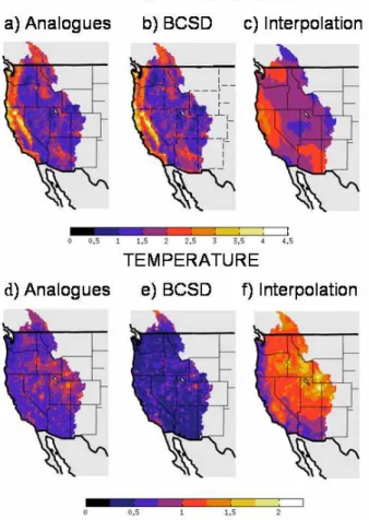 Fig. 2. Same as Fig. 1 but for the RMSE. Values in (mm day −1 ) 1/2 for precipitation and ◦ C for temperature.