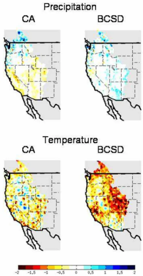 Fig. 4. Biases in mean precipitation (mm day −1 ) and temperature ( ◦ C) using CA and BCSD methods.