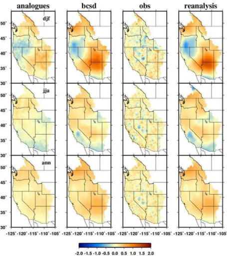 Fig. 5. Comparison of trends produced by downscaling with CA, BCSD, observed trends, and trends in the interpolated reanalysis data set