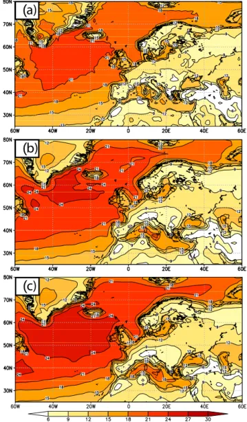 Fig. 3. 98th percentile of 10 m wind speed for (a) ERA40 data (in- (in-terval: 3 [m/s]) (b) ECHAM5/MPI-OM1 GCM data for the present climate (1960–2000), w6h, ensemble average (c) same as (b) but for wimax