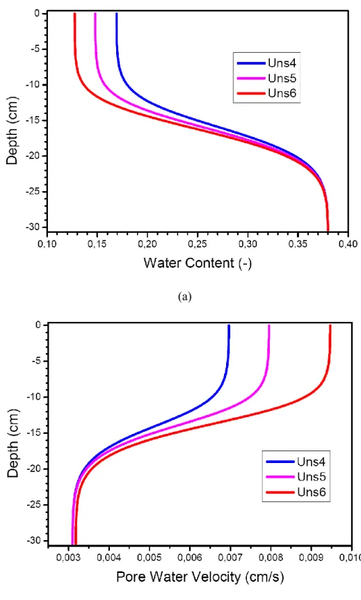 Figure 2: Modeled water content profiles (a) and pore water velocity profiles (b) for the 5 mM  unsaturated nanoparticles transport experiments