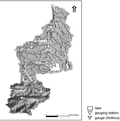 Figure 4: Relief Map of the Ammer River catchment – incl. location of 8 gauges (adapted  EGU from Kunstmann et al., 2004)
