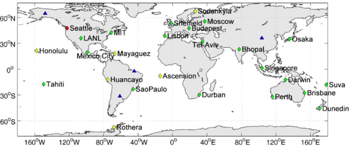 Fig. 1. Locations and hosts of the 25 VLF receiving stations operating in the VLF World-Wide Lightning Location Network as of April 2006