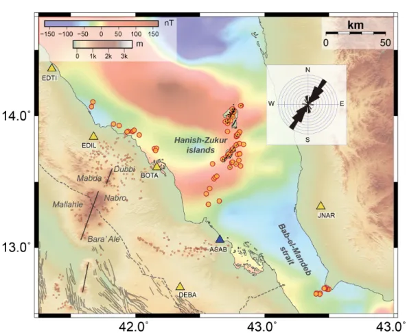 Figure 4. Offshore volcanic vents (orange circles) and alignments (black lines) in and near Hanish-Zukur Is- Is-lands
