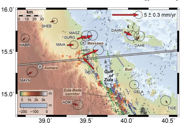 Figure 6. Fault locations, volcanic vents (orange circles) and local seismicity (grey dots) during 2011-2013 of the Gulf of Zula area (after Illsley-Kemp et al