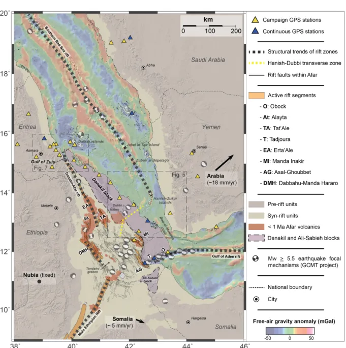 Figure 1. Tectonic settings of the southern Red Sea, Afar and Gulf of Aden region. Major active rift seg- seg-ments defined after Manighetti et al