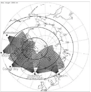 Fig. 1. Location and fields of view of the SuperDARN radars used in this study. The thick line contours mark 60 ◦ , 70 ◦ and 80 ◦  Invari-ant Latitudes.