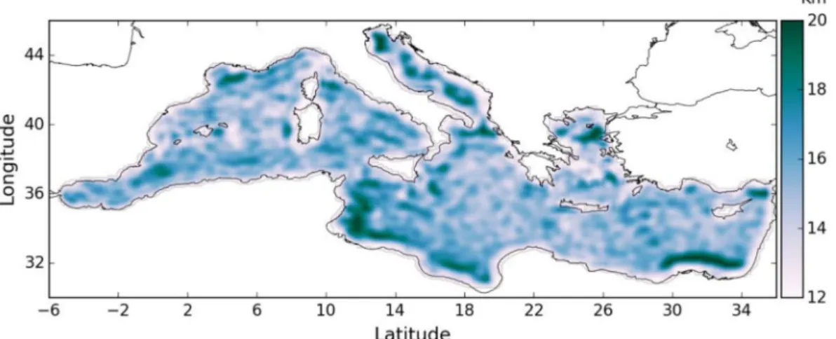 Fig. 3. Correlation radius length scale of chlorophyll [km] at the surface.