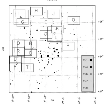 Figure 1. The regions imaged at I, Z and J with the CFHT and UKIRT. The CFH12k pointings (light rectangular outlines) are labelled alphabetically as in Moraux et al