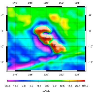 Figure 6. Gravity anomalies computed from the wavelet representation combining gravity anomalies from GGM02S global gravity field and KMS 2002 altimetric grid.