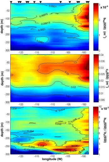 Fig. 5. Distributions of b bp (650), c p (650),and b bp (650)/b p (650) in the South Pacific central gyre