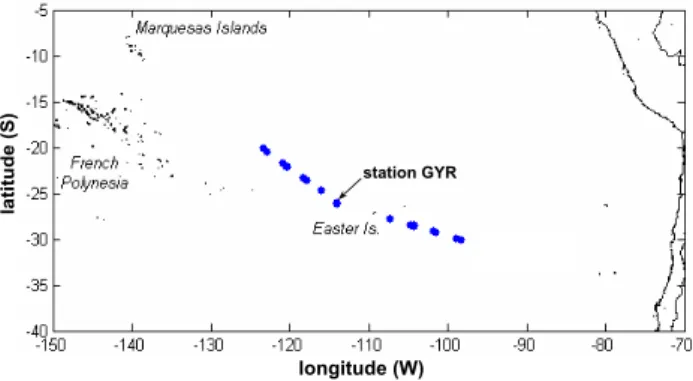 Fig. 1. Map of study region in the Southeast Pacific. Locations are marked in blue for all stations sampled in the very clear central gyre