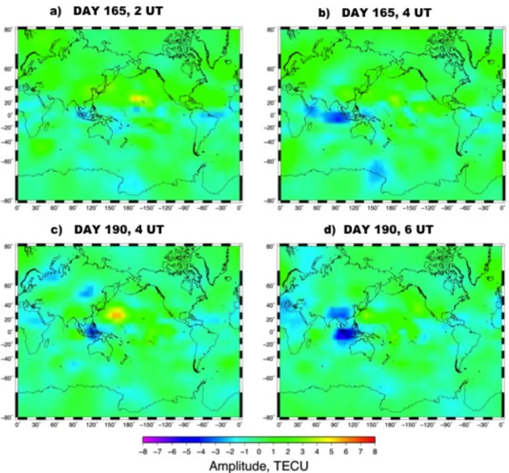 Figure 4. Maps of differential TEC from 2 to 4 UT on day 165 (a,b) and from 4 to 6 UT on day 190  (c,d)