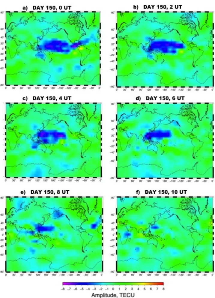 Figure 5. Maps of differential TEC at from 0 to 10 UT on day 150. Color denotes the difference  between the observed TEC value and the median value calculated for the previous 15 days
