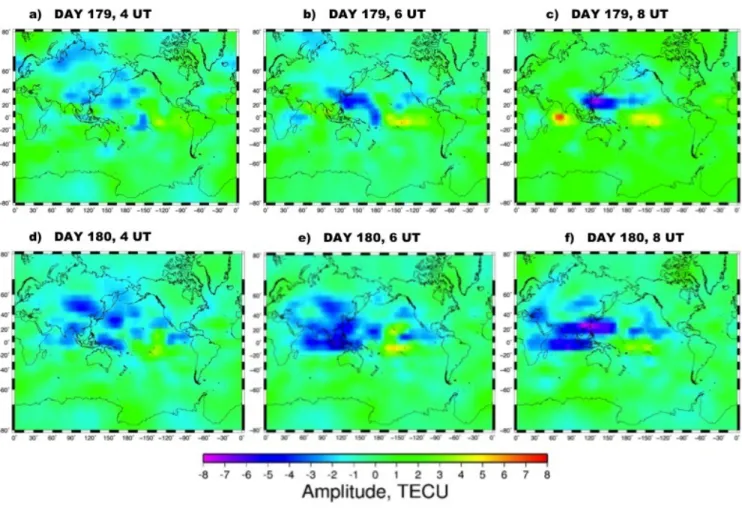 Figure 6. Maps of differential TEC from 4 to 8 UT for 179 day (a-c) and 180 day (d-f)