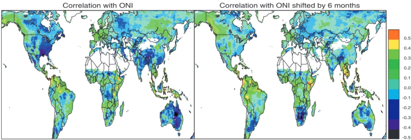 Fig. 6. Calculated coefficient for correlation between the monthly isoprene emission anomalies and the Oceanic Ni˜no Index (ONI) between 1995 and 2006.