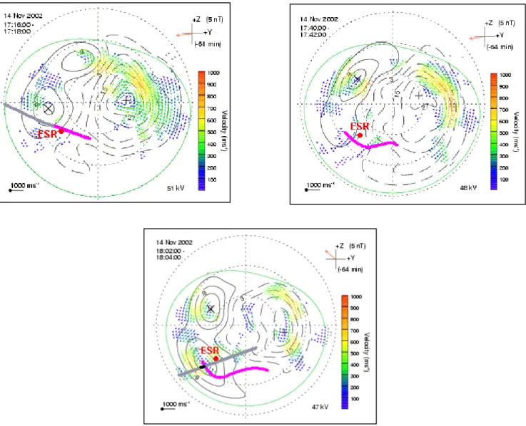 Fig. 3. SuperDARN electric potential maps for 17:16 UT (first panel), 17:40 UT (second panel) and 18:02 UT (third panel) on a magnetic latitude versus MLT polar plot