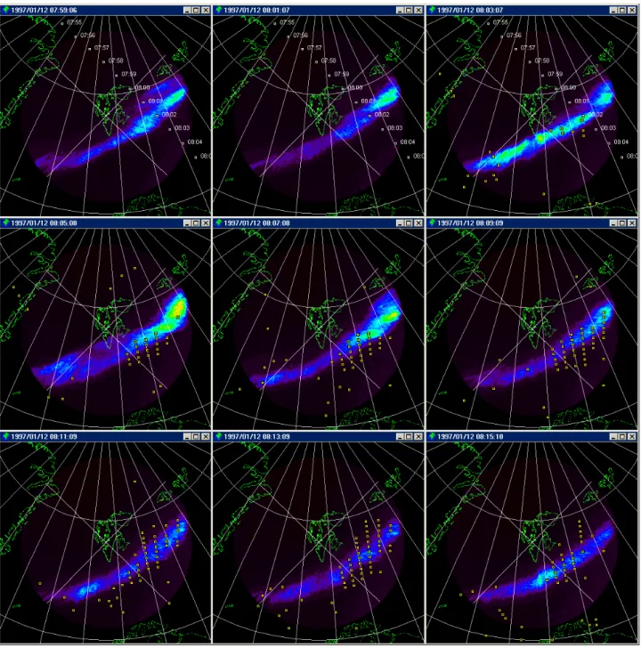 Fig. 7. Sequence of 630 nm all-sky images from Longyearbyen for the time interval 07:59:06 to 08:15:10 UT overlaid with yellow markers, indicating range gates where spectral widths of the CUTLASS Finland HF radar are > 220 m/s