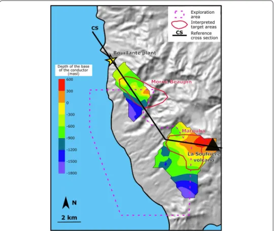 Fig. 2  Map of the southwest part of Basse-Terre, showing the areas of interest determined from the MT  survey
