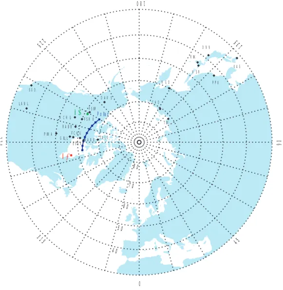 Fig. 8. Geographical locations of the ground stations (solid squares) and spacecraft footprints (dots)