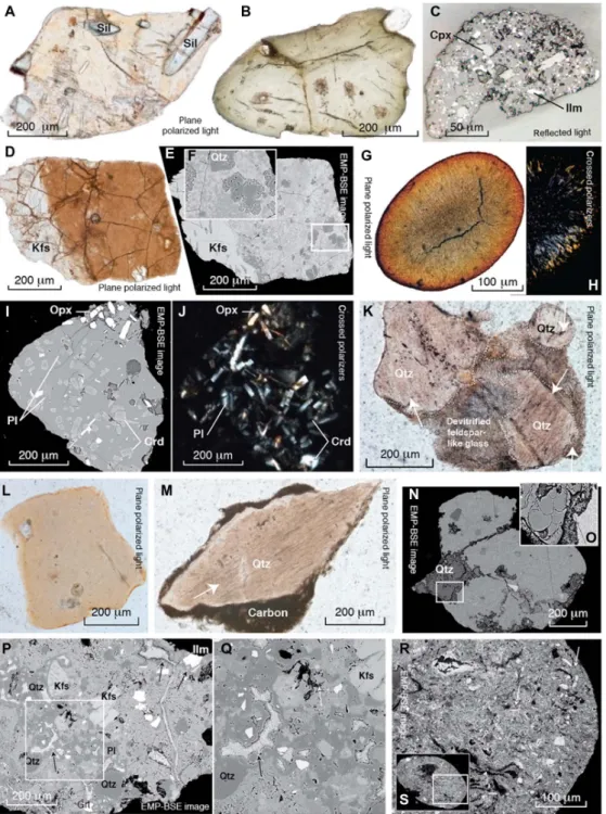 Fig. 3. Impact-related sediment grains from glaciofluvial sediment sample HW21-2016. (A) Grain 21C-v32: Pale yellow glass grain of biotite (Bt) – like composition with possibly inherited prismatic sillimanite (Sil) crystals and beginning devitrification in