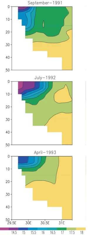 Fig. 14. Data derived cross-sections of salinity at 45 ◦ N and for the months of September 1991, July 1992 and April 1993.