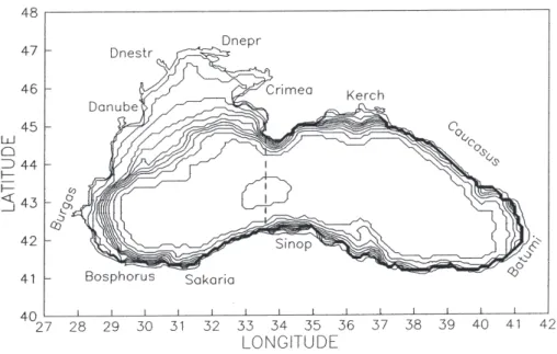 Fig. 1. The Black Sea topography, printed isobaths are: 10, 20, 40, 60, 80, 120, 210, 350, 580, 990, 1640 and 2250 m (from Stanev et al., 1996)