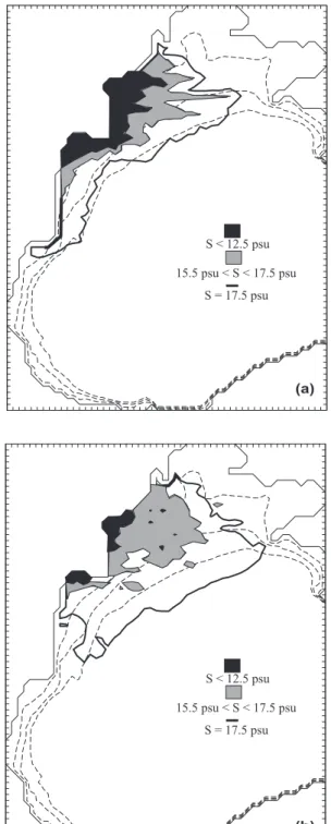 Fig. 5. Model computed near-surface salinity for the Danube only experiment; (a) after 40 days of buoyancy-only input and (b) after 5 more days with constant winds from the Southwest; dashed lines are the 20 m, 40 m and 60 m isobaths.