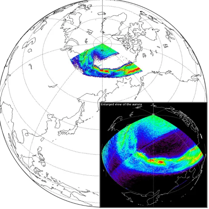 Fig. 6. Auroral emissions over eastern Siberia and Alaska. This image was made using data from PIA-2, channel A, during the time period 12:40–12:55 UT on 18 December 1998