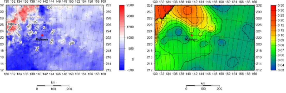 Fig. 2. Fundamental model input on the 2.5 km grid of the FSM. Left panel: bedrock elevation in m a.s.l.; right panel: present-day accumu- accumu-lation rate in m yr −1 of ice equivalent