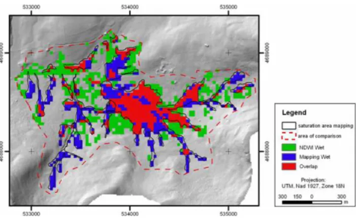 Fig. 6. Field survey delineated saturated areas in a portion of the Town Brook watershed compared to the NDWI predicted saturated area of the 7 May 2001 image.