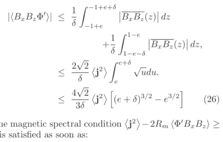 FIG. 2: Bound on dissipation obtained from equations (17) for the velocity spectral condition (‘plus’ signs), and (28) for the magnetic spectral condition, for different wall conductances e = 10 − 3 , 10 − 5 , 10 − 7 and 0, plotted here for P m = 10 − 5