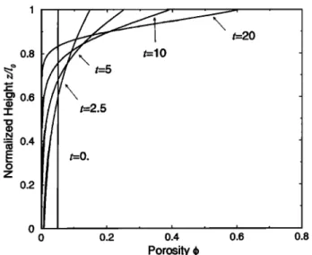 Figure 13. Porosity as a function of depth at different times  for •  =  0, A =  0 and Ap/p,•  =  1