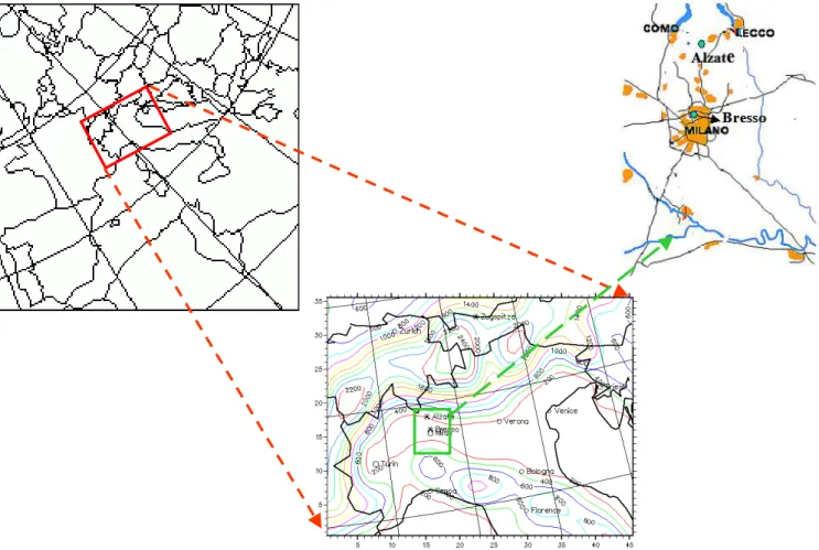 Fig. 1. The model domains for 50 km and 15 km resolutions, and campaign area in Po Basin