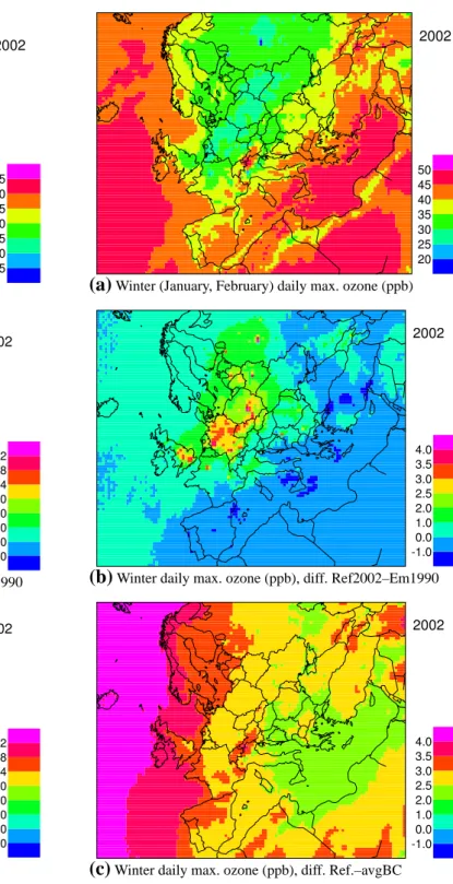 Fig. 5. Winter (January, February) mean of daily ozone maxima in ppb. Top, Winter ozone as calculated for 2002