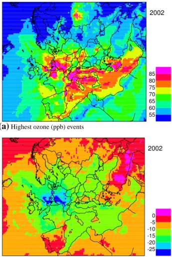 Fig. 6. High ozone events (average for 7 highest days in the year) in ppb. Top, average for year 2002