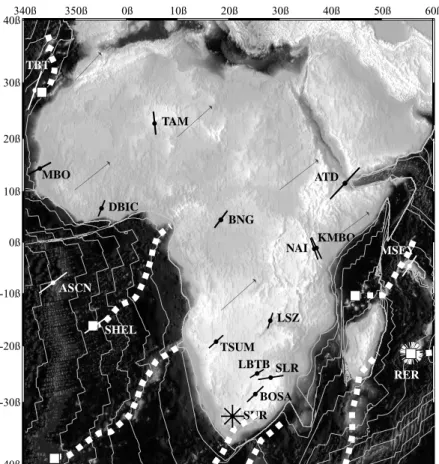 Figure 7. Mean SKS splitting results (see values in Table 1) observed at the permanent IRIS and Geoscope stations located on the African plate.