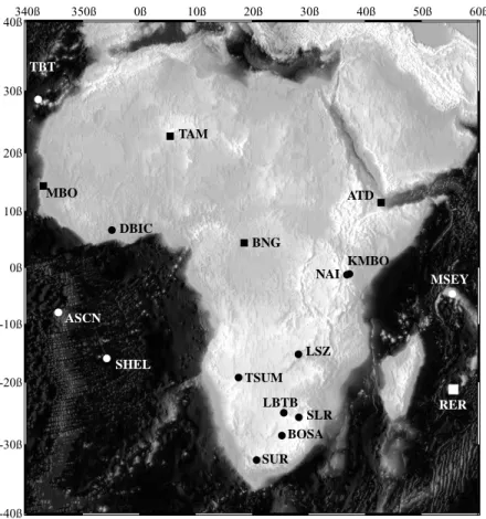 Figure 1. Map of the Geoscope (squares) and IRIS (circles) permanent stations located on the African plate.