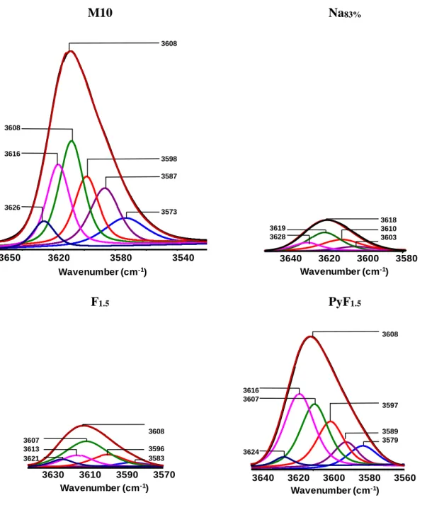 Figure  3.  Deconvolution  of  the  hydroxyl  region  of  IR  spectra  of  parent  mordenite  and  selected Na x , F x , and PyF x  samples using six single bands