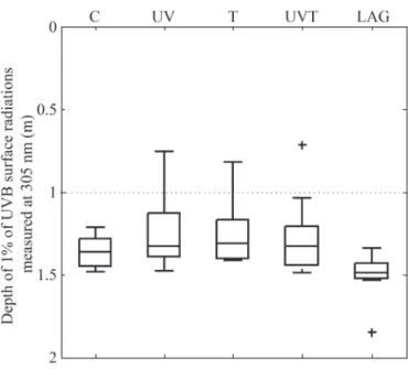 Fig. 2. Variability of the depth of 1 % UVB penetration (305 nm) for each treatment and in the lagoon (LAG) throughout the experiment