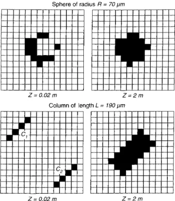 Fig. 2. Examples of diracted images for spheres (of radius R = 70 lm) and hexagonal columns (of length L = 190 lm) while increasing the distance Z between the particle and the screen from 0.02 to 2.0 m