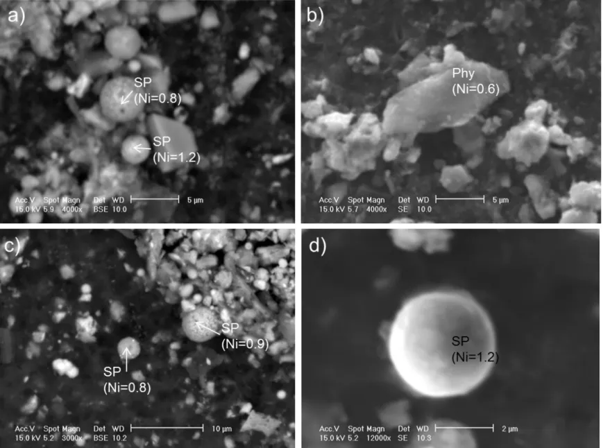 Figure 5:  Scanning  electron  micrographs  showing  the  principal  Ni-bearing  phases  in  NIQ  1  (a  and  b)  and  NIQ  2  samples  (c  and  d)