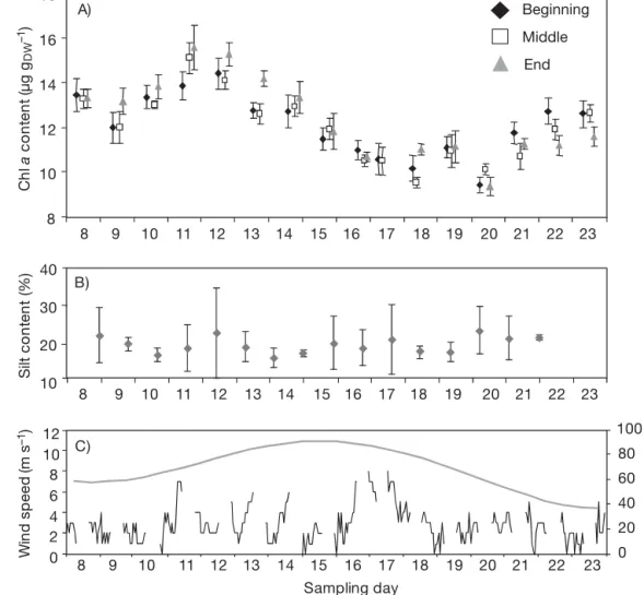 Fig. 6. Temporal dynam- dynam-ics from 8 to 24 July 2003 of (A) the  microphyto-benthic biomass (chl a content per g sediment dry weight [DW]), (B) silt content, and (C) wind speed (black lines) and tidal coefficient (grey line)