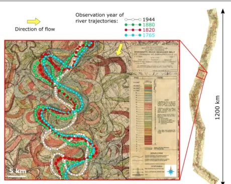 Fig. 2 Picking of the four last trajectories of the Mississippi in 1944 (in white), 1880 (in green), 1820 (in red) and 1765 (in blue) on an extract of map [http://lmvmapping.erdc.usace.army.mil/]