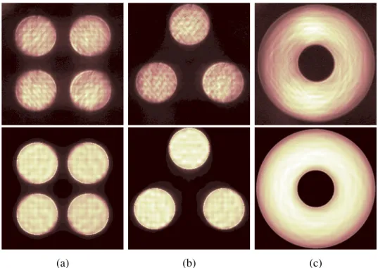 Figure 4 presents the images acquired on the LOOP bench (top) along with their respective sim- sim-ulations (bottom) for the 4 and 3 faced pyramids (images a and b), the axicone (image c) and the flattened pyramid (image d)
