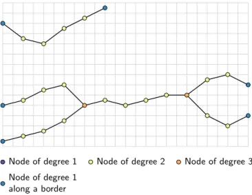 Figure 3 Example of skeletons for the connected components of the figure 2. Here the nodes connected to only one segment – the nodes of degree 1 – are all along a grid border