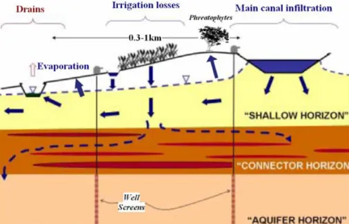 Fig. 2. Conceptual model of the Yaqui Valley surface-groundwater system.