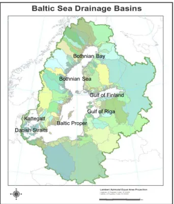 Fig. 1. Map over the Baltic Sea catchment and main watershed areas.